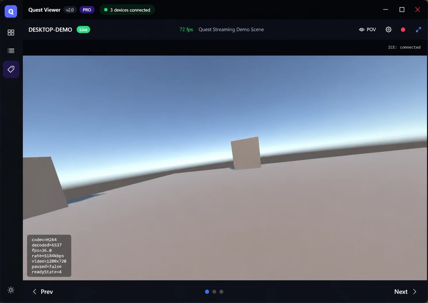 A single Meta Quest headset in fullscreen view at 72 fps, with scene name and live decoder statistics