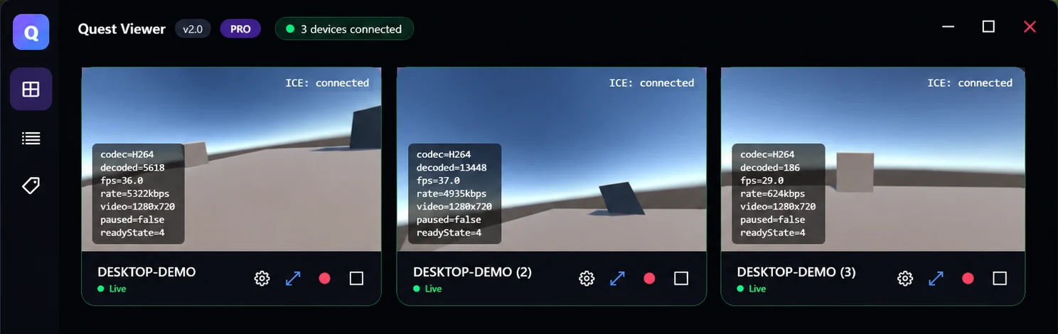 Quest Viewer showing three Meta Quest headsets streaming live side by side, each tile with codec, frame rate and latency statistics