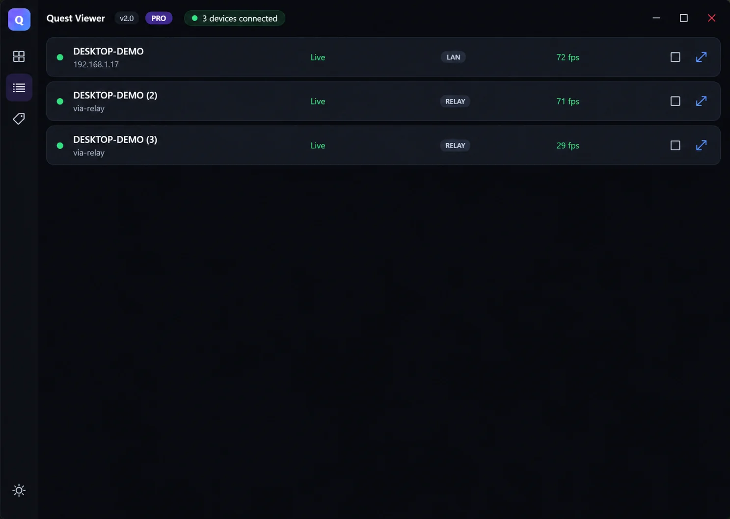 Quest Viewer list view showing connected headsets with status, transport and frame rate per row